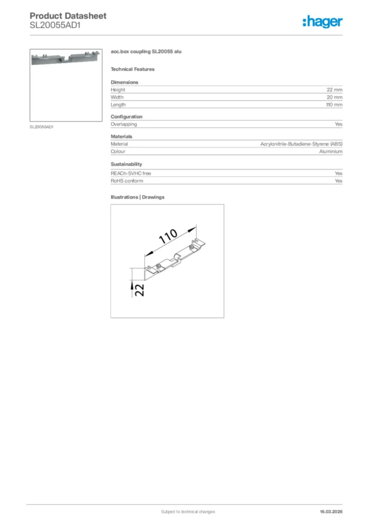 Image Hager Product data sheet SL20055AD1  | Hager Africa