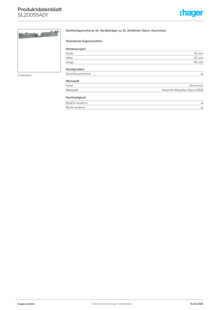 Bild Hager Produktdatenblatt SL20055AD1 | Hager Deutschland
