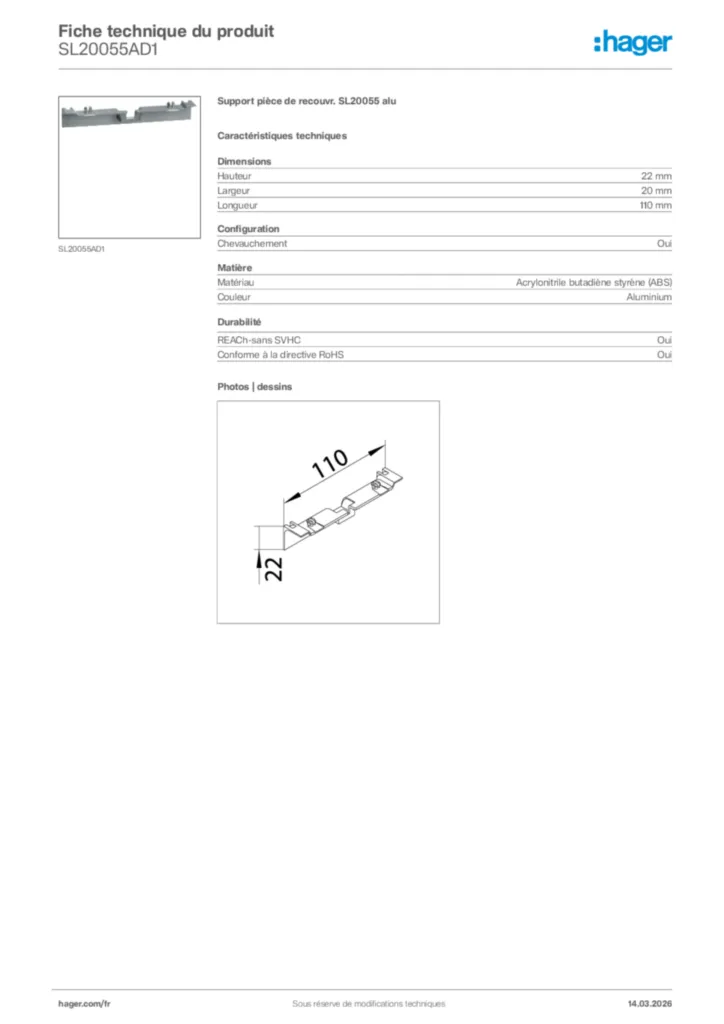 Image Hager Fiche technique du produit SL20055AD1 | Hager France
