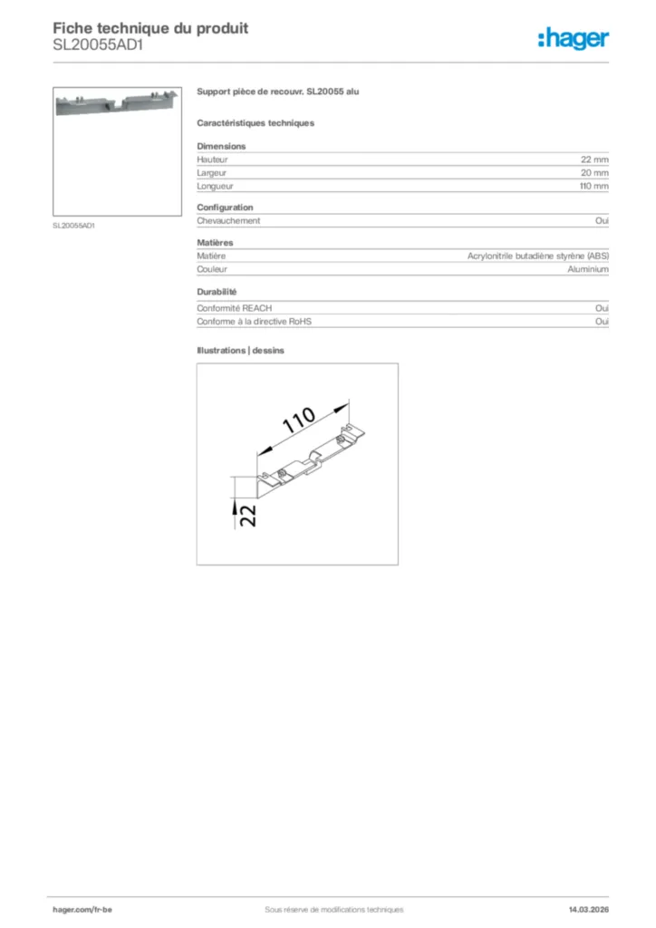 Image Hager Fiche technique du produit SL20055AD1 | Hager Belgique