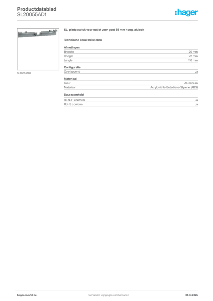 Afbeelding Hager Productdatablad SL20055AD1 | Hager Belgium