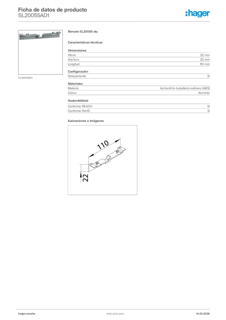 Imagen Hager Ficha de datos de producto SL20055AD1 | Hager España