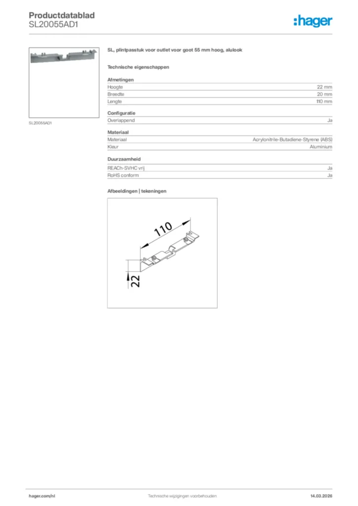 Afbeelding Hager Productdatablad SL20055AD1 | Hager Nederland