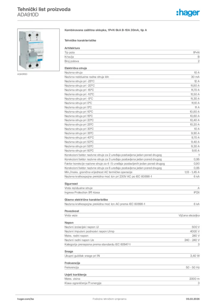 Slika Hager Tehnički list proizvoda ADA910D  | Hager