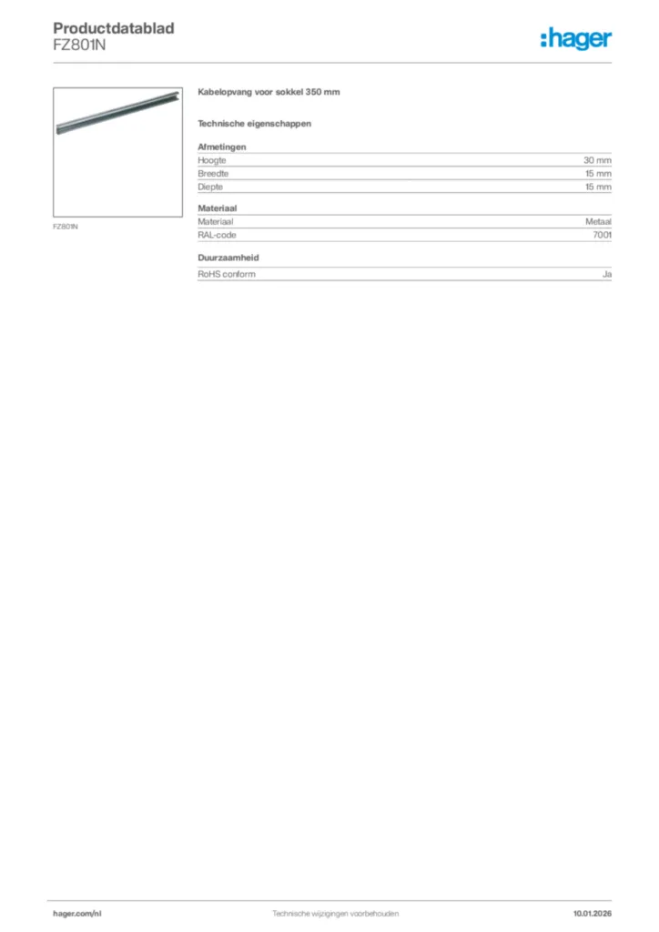 Afbeelding Hager Productdatablad FZ801N | Hager Nederland