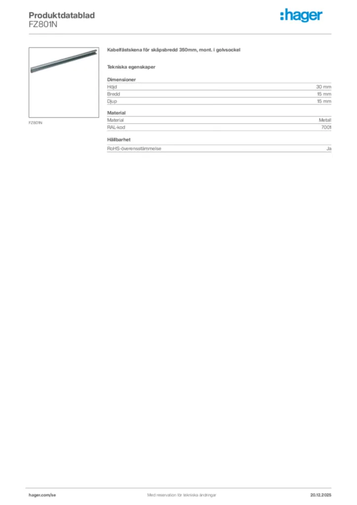 Bild Hager Produktdatablad FZ801N | Hager Sverige