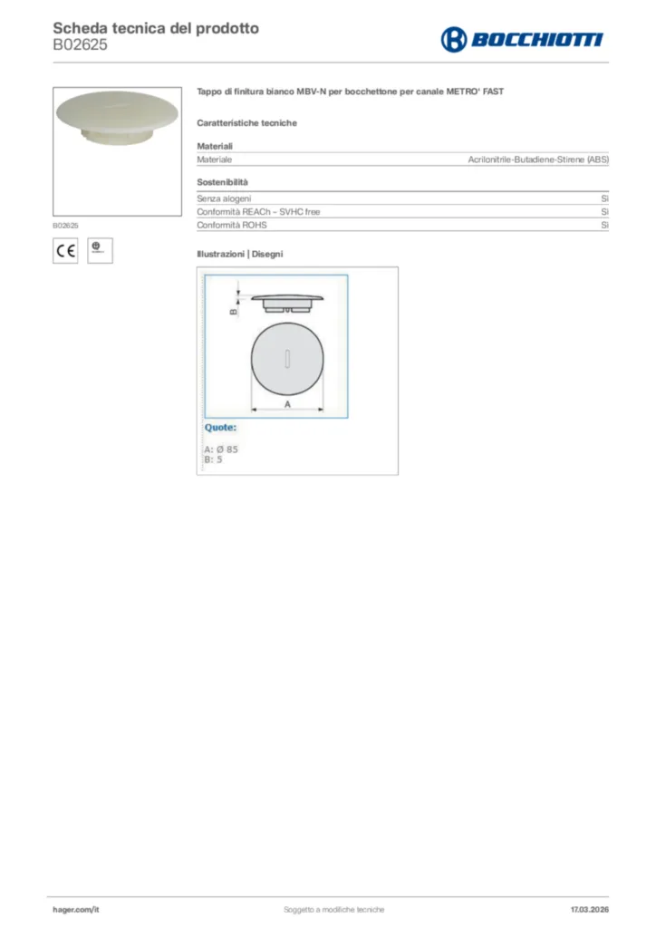 Immagine Bocchiotti Scheda tecnica del prodotto B02625 | Hager Italia