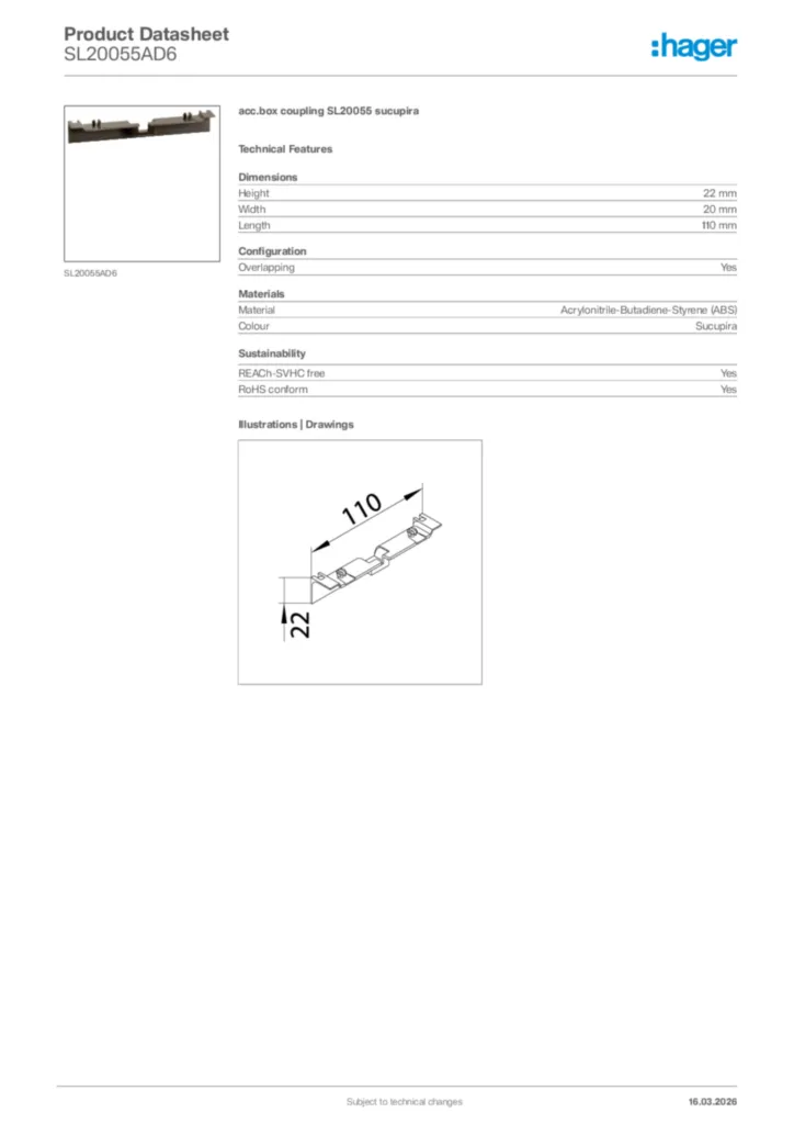 Image Hager Product data sheet SL20055AD6  | Hager Africa