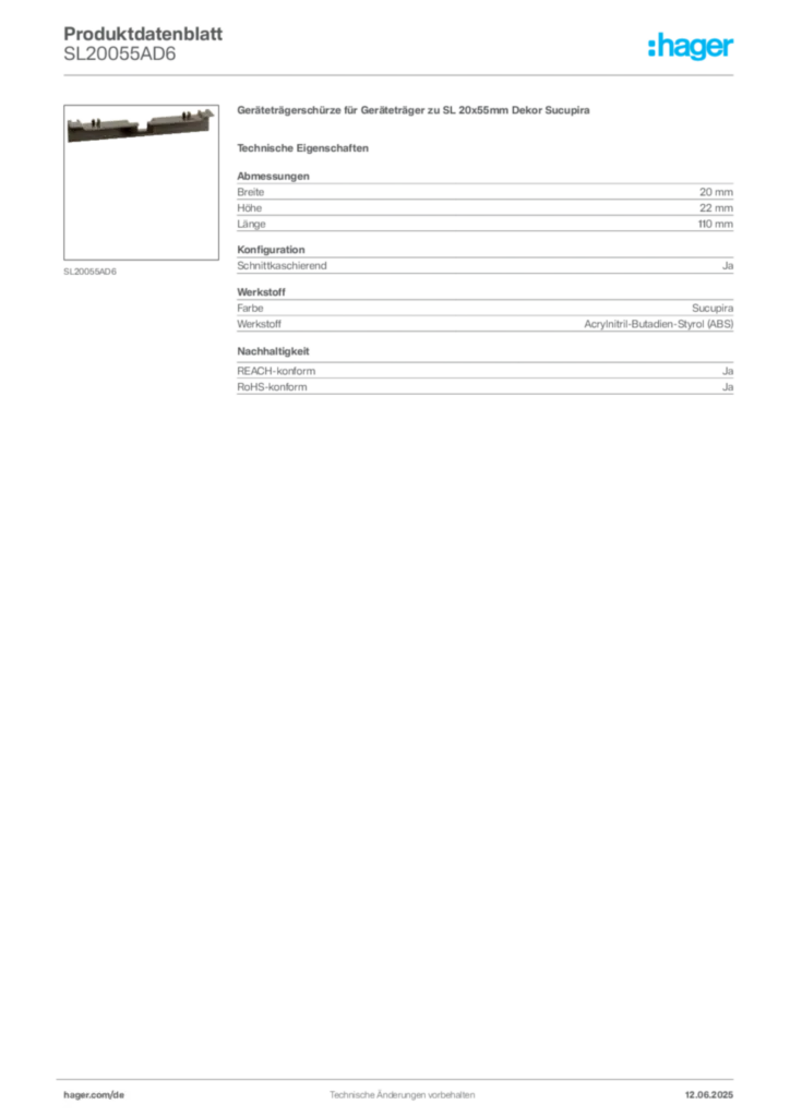 Bild Hager Produktdatenblatt SL20055AD6 | Hager Deutschland
