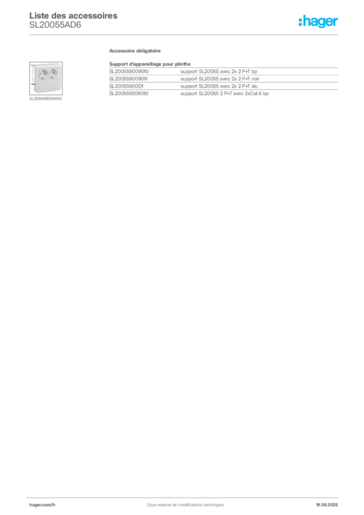 Image Hager Fiche technique du produit SL20055AD6 | Hager France