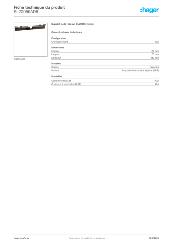 Image Hager Fiche technique du produit SL20055AD6 | Hager Belgique