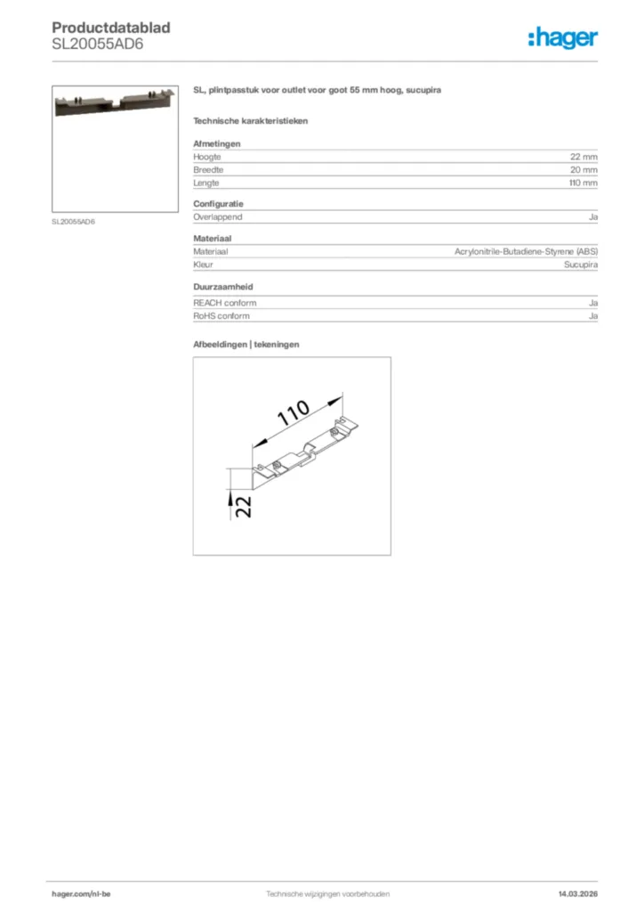Afbeelding Hager Productdatablad SL20055AD6 | Hager Belgium