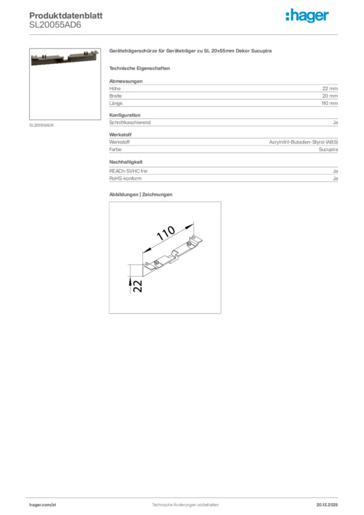 Bild Hager Produktdatenblatt SL20055AD6 | Hager Deutschland
