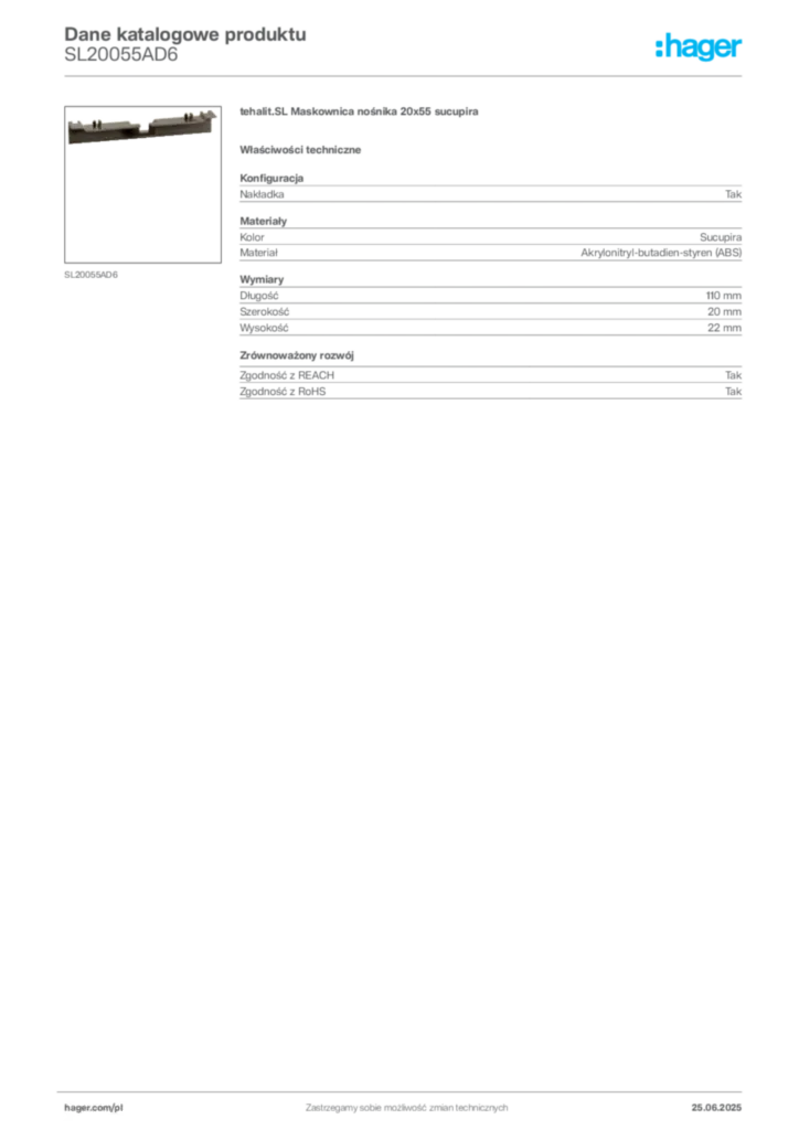 Zdjęcie Hager Dane katalogowe produktu SL20055AD6 | Hager Polska