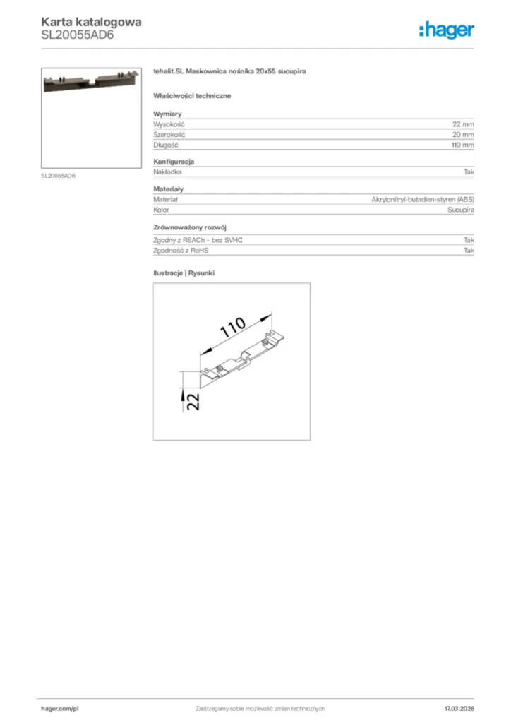 Zdjęcie Hager Karta katalogowa SL20055AD6 | Hager Polska