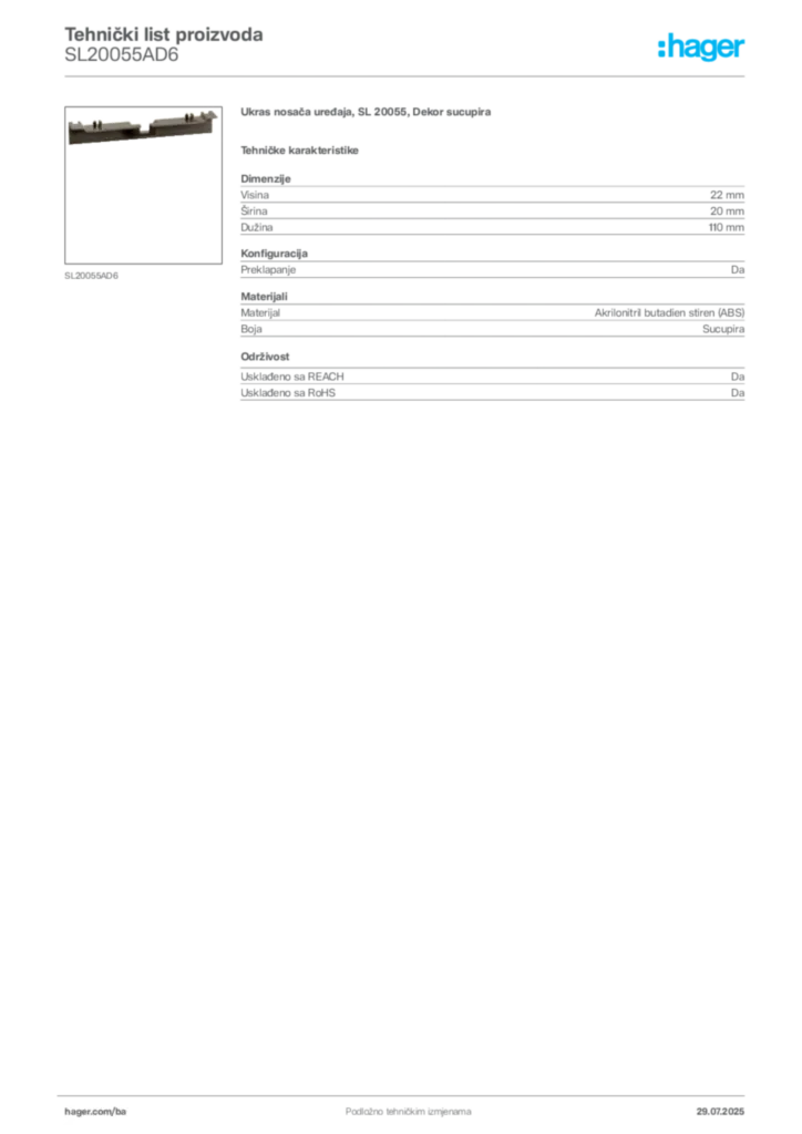 Slika Hager Product data sheet SL20055AD6  | Hager