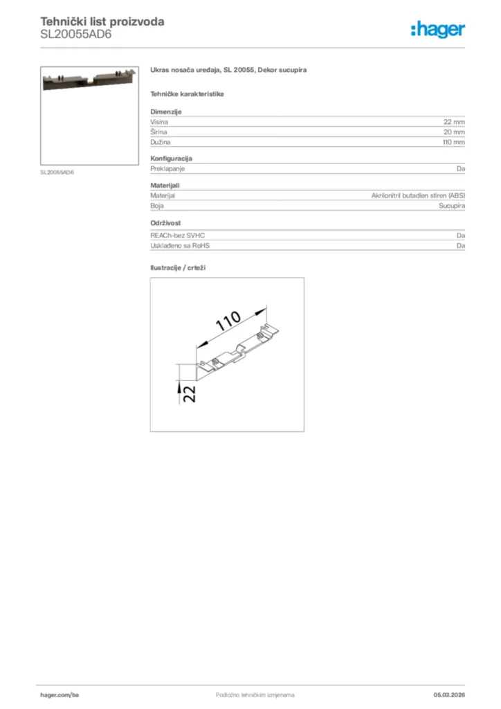Slika Hager Tehnički list proizvoda SL20055AD6  | Hager