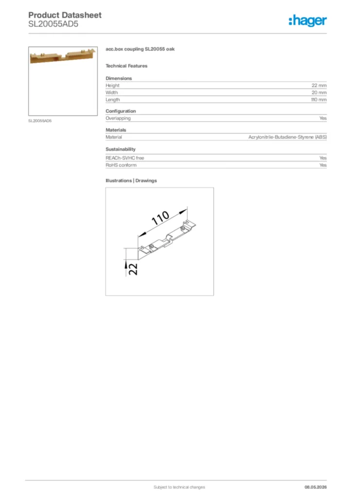 Image Hager Product data sheet SL20055AD5  | Hager Africa
