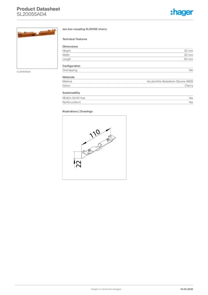 Image Hager Product data sheet SL20055AD4  | Hager Africa