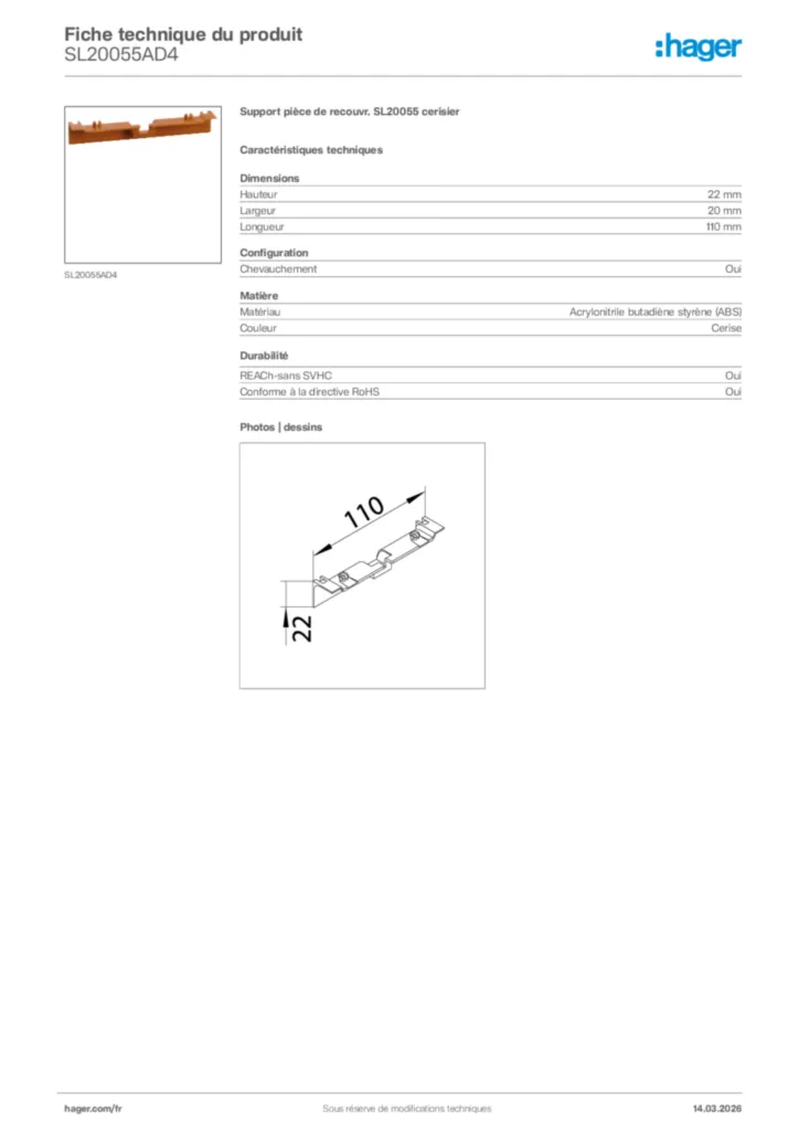 Image Hager Fiche technique du produit SL20055AD4 | Hager France