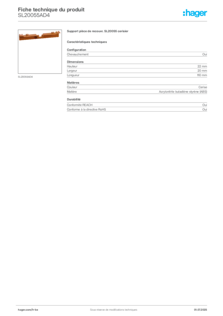 Image Hager Fiche technique du produit SL20055AD4 | Hager Belgique