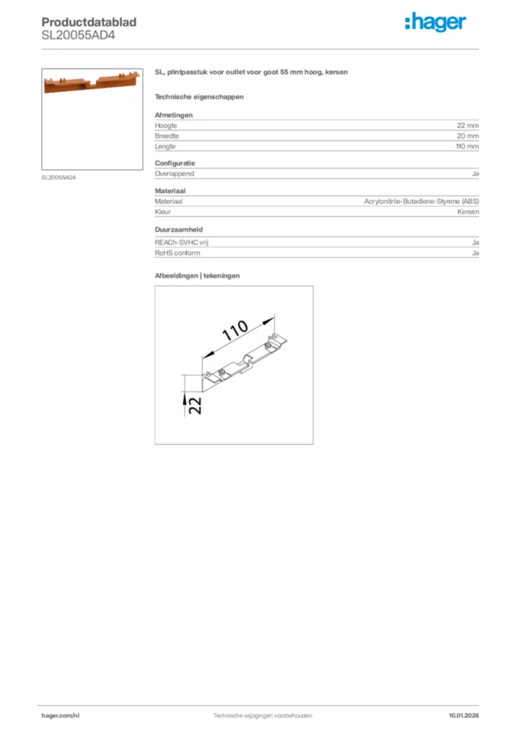 Afbeelding Hager Productdatablad SL20055AD4 | Hager Nederland