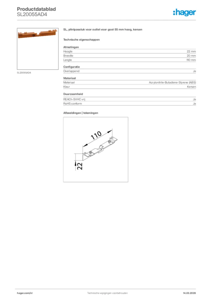 Afbeelding Hager Productdatablad SL20055AD4 | Hager Nederland