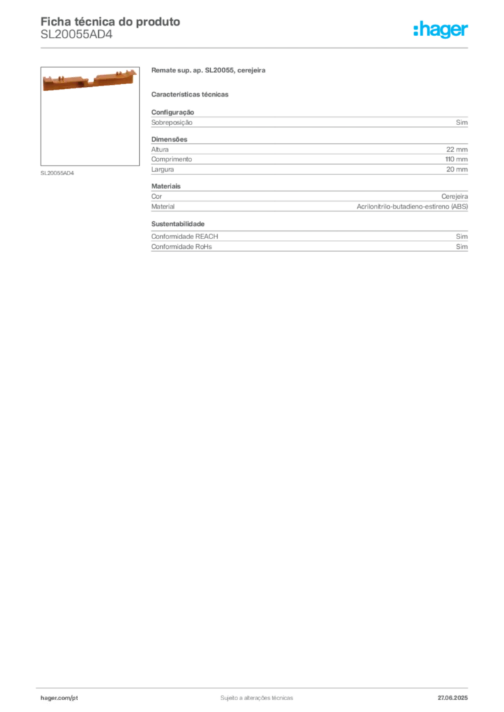 Imagem Hager Ficha técnica do produto SL20055AD4 | Hager Portugal