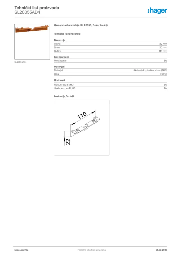 Slika Hager Tehnički list proizvoda SL20055AD4  | Hager