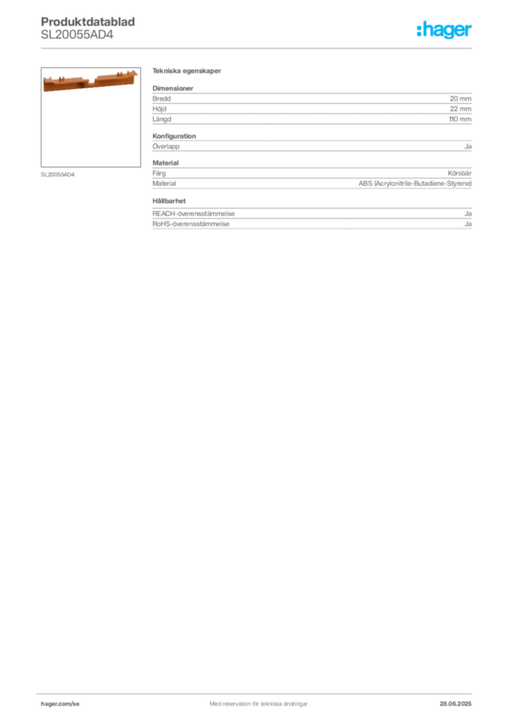 Bild Hager Produktdatablad SL20055AD4 | Hager Sverige