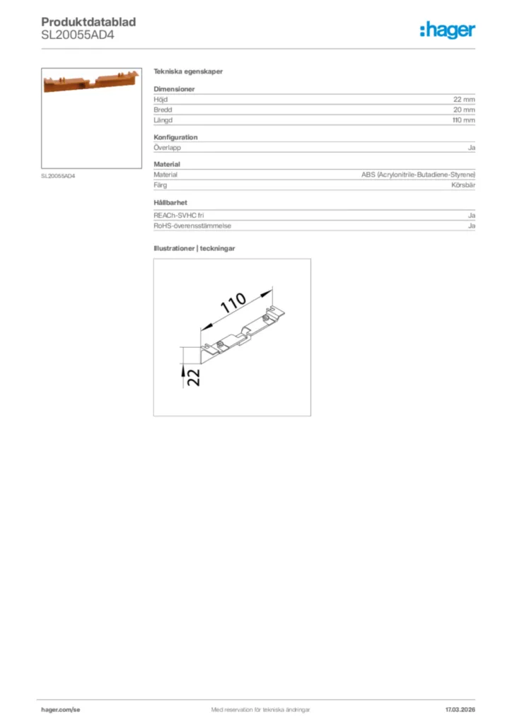 Bild Hager Produktdatablad SL20055AD4 | Hager Sverige