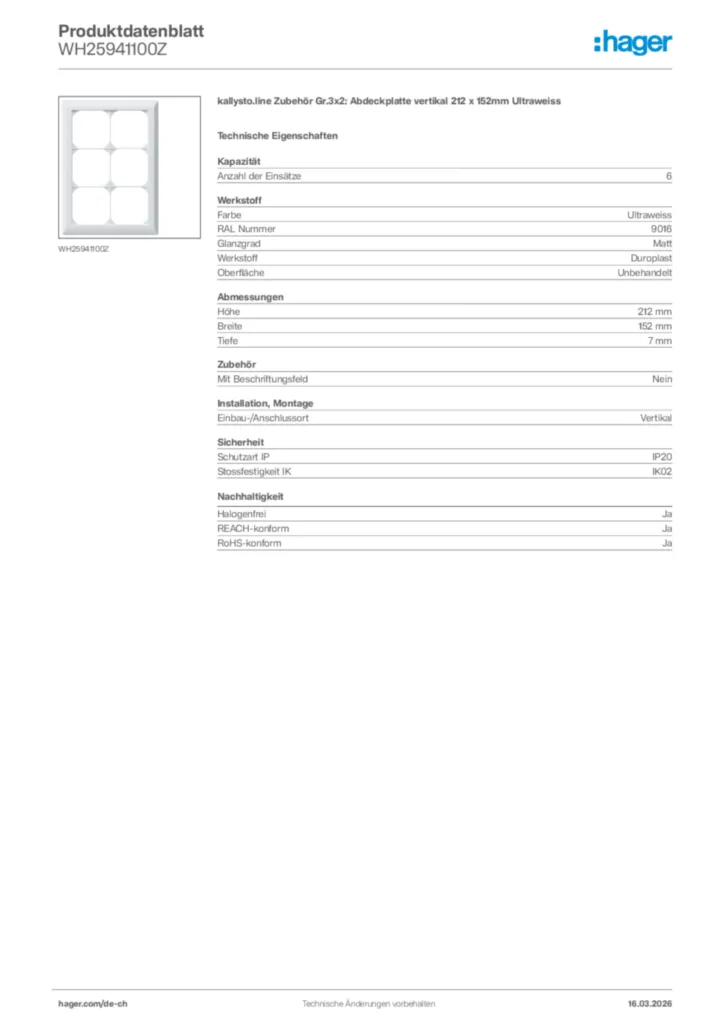 Bild Hager Produktdatenblatt WH25941100Z | Hager Schweiz