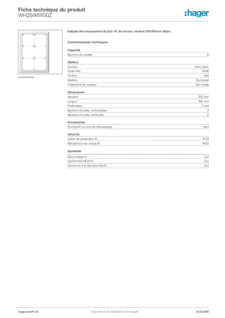 Image Hager Fiche technique du produit WH25941100Z | Hager Suisse