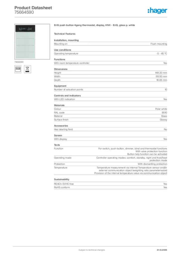 Image Hager Product data sheet 75664590  | Hager Africa