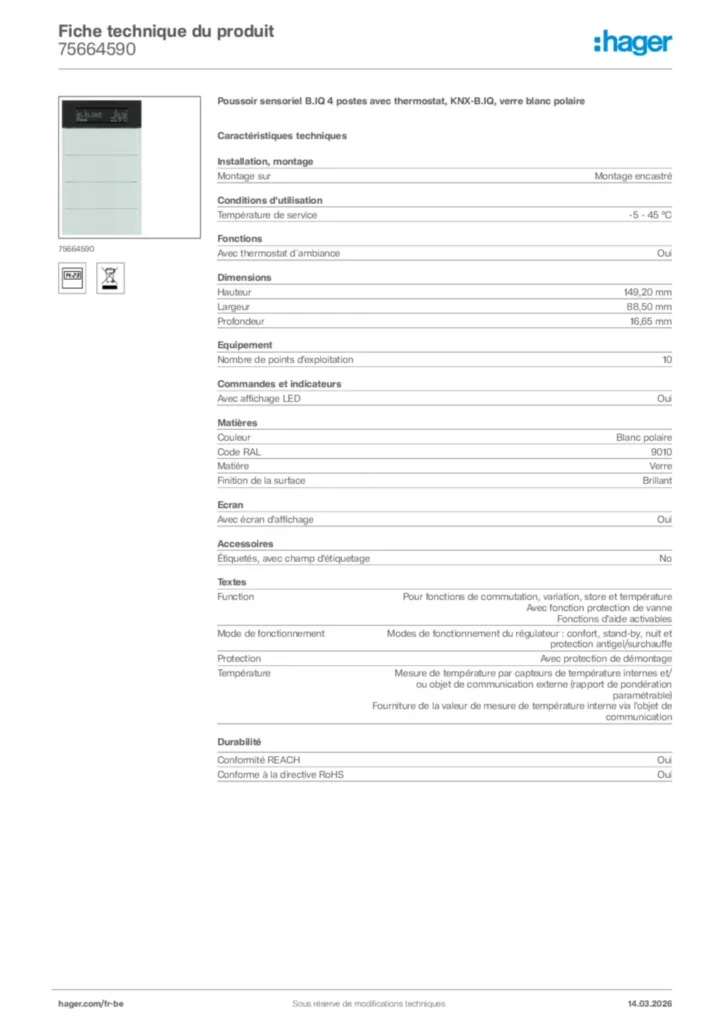 Image Hager Fiche technique du produit 75664590 | Hager Belgique