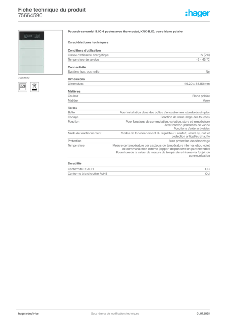 Image Hager Fiche technique du produit 75664590 | Hager Belgique