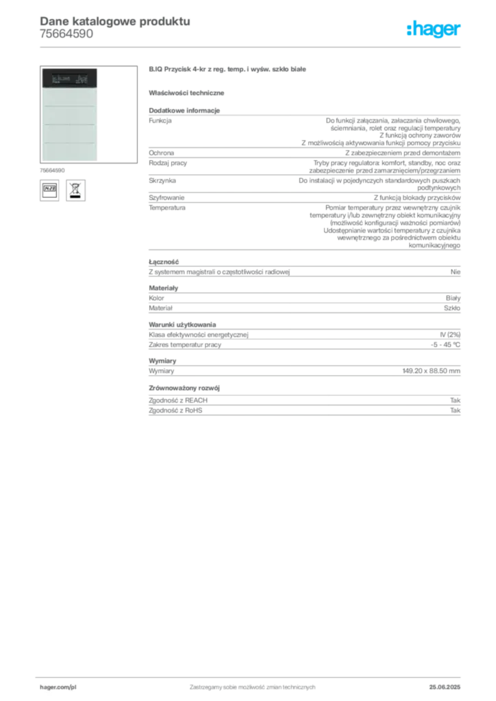 Zdjęcie Hager Dane katalogowe produktu 75664590 | Hager Polska
