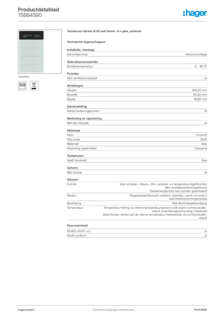 Afbeelding Hager Productdatablad 75664590 | Hager Nederland