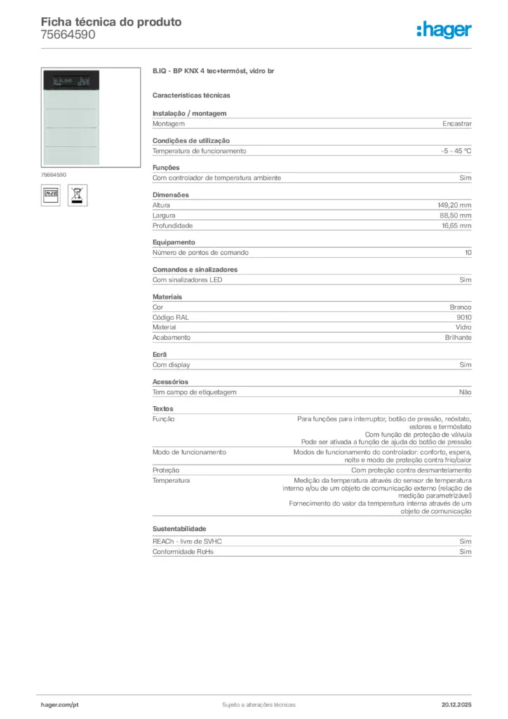 Imagem Hager Ficha técnica do produto 75664590 | Hager Portugal