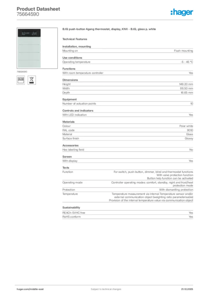 Image Hager Product data sheet 75664590  | Hager