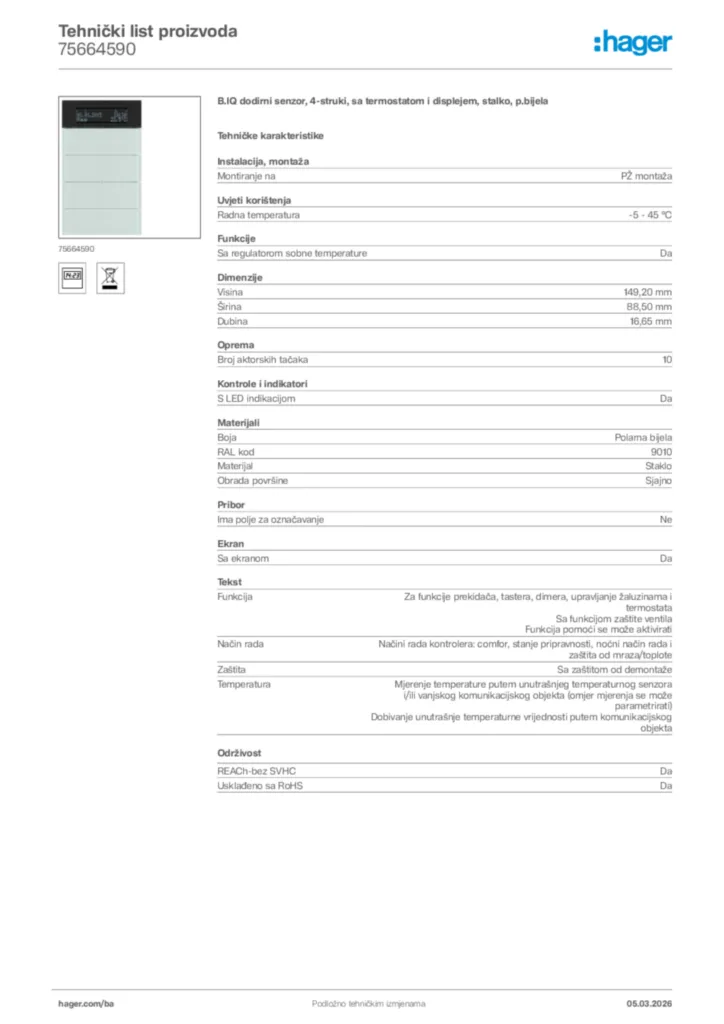 Slika Hager Tehnički list proizvoda 75664590  | Hager