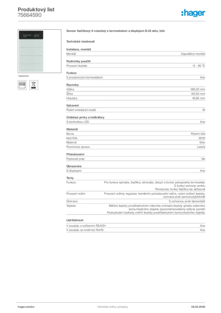 Obrázek Hager Product data sheet 75664590 | Hager