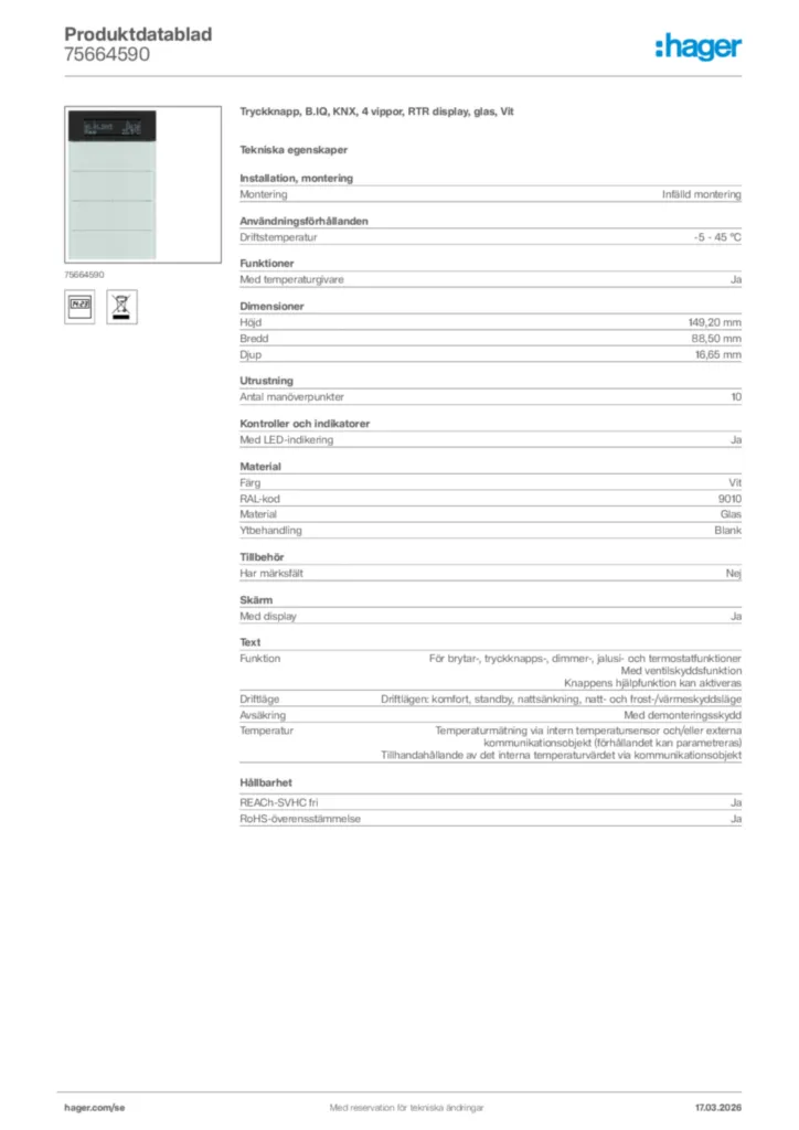 Bild Hager Produktdatablad 75664590 | Hager Sverige
