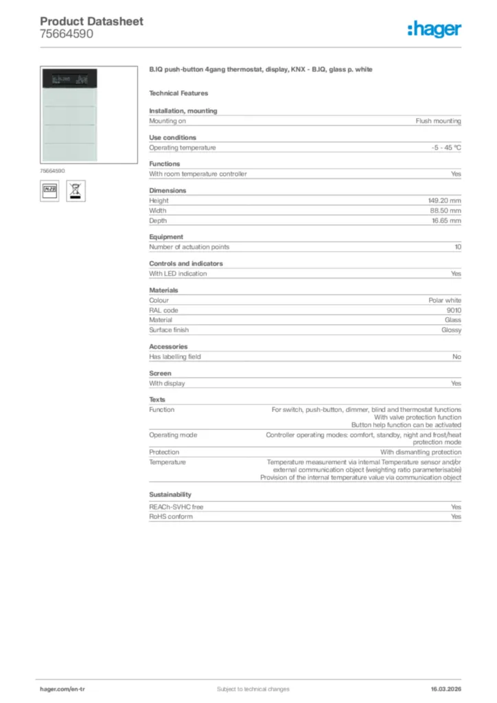 Image Hager Product data sheet 75664590  | Hager