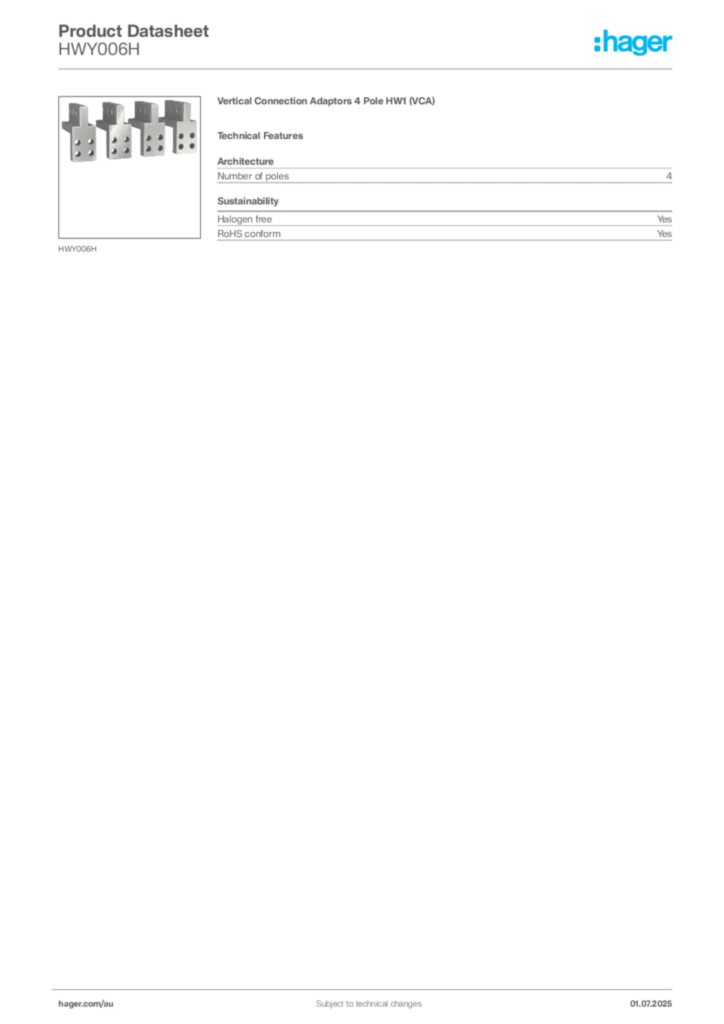 Image Hager Product data sheet HWY006H  | Hager Australia
