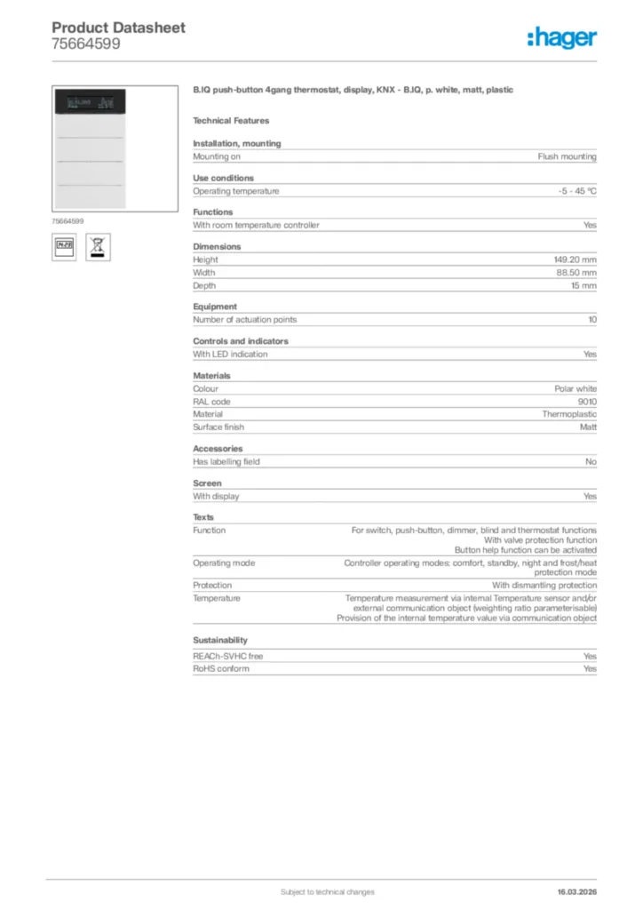 Image Hager Product data sheet 75664599  | Hager Africa