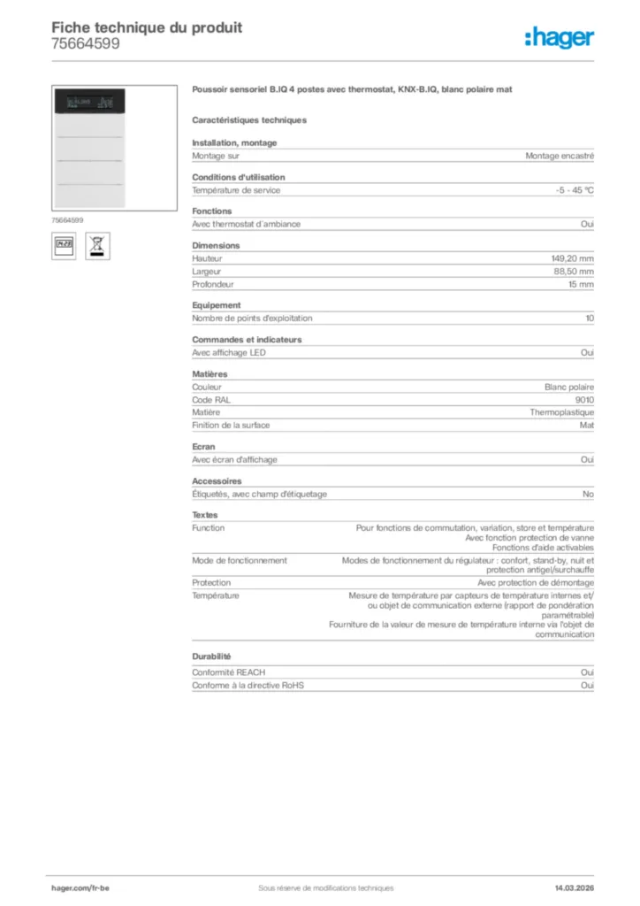 Image Hager Fiche technique du produit 75664599 | Hager Belgique