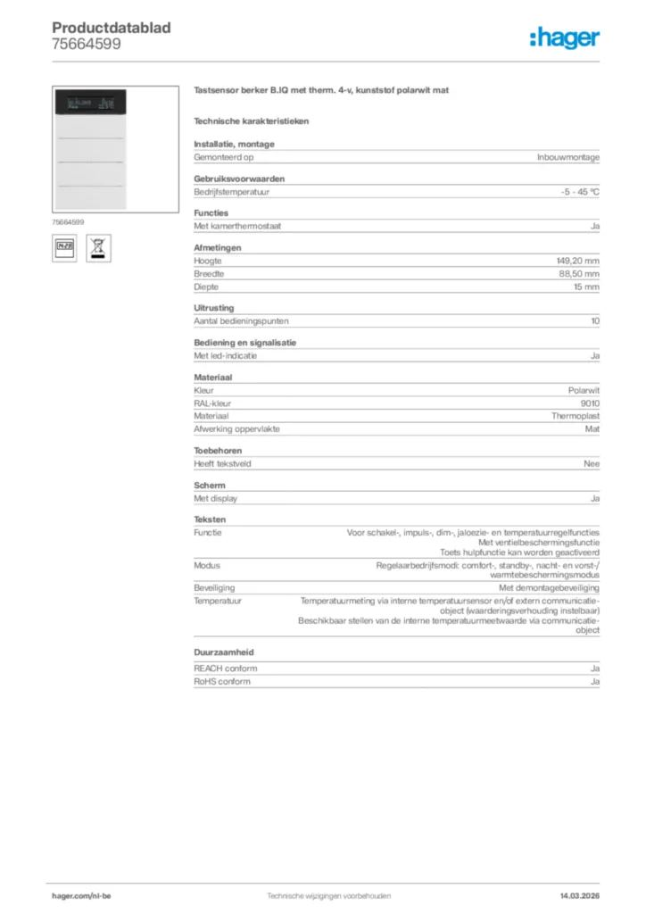 Afbeelding Hager Productdatablad 75664599 | Hager Belgium