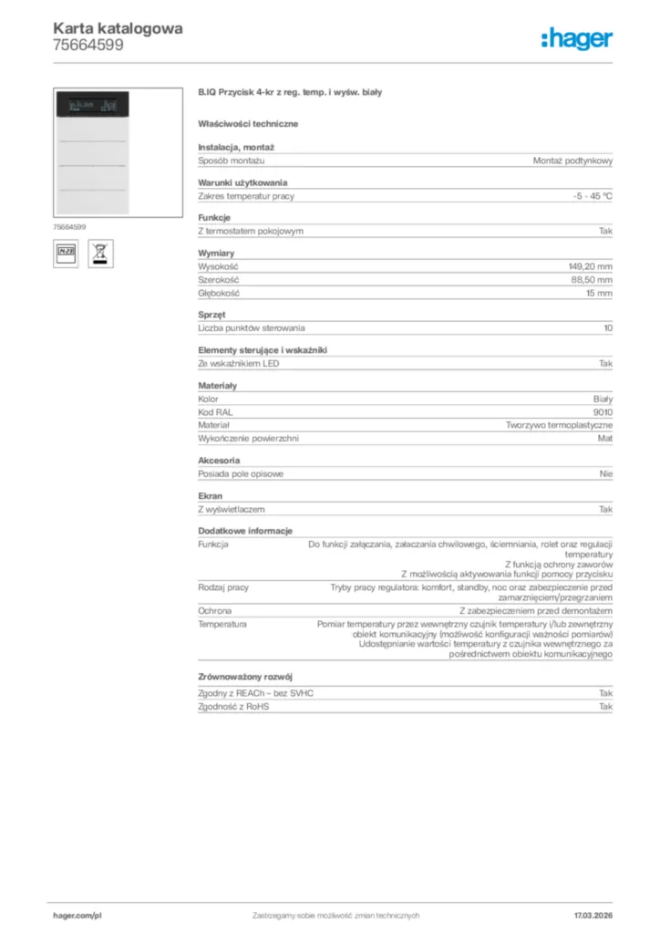 Zdjęcie Hager Karta katalogowa 75664599 | Hager Polska