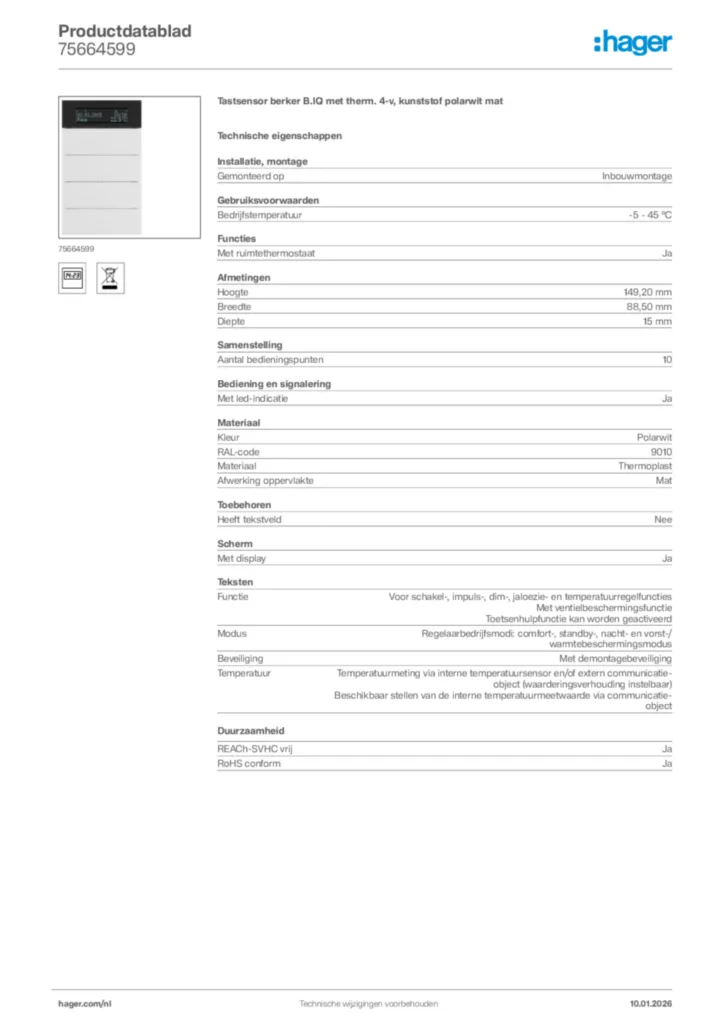 Afbeelding Hager Productdatablad 75664599 | Hager Nederland